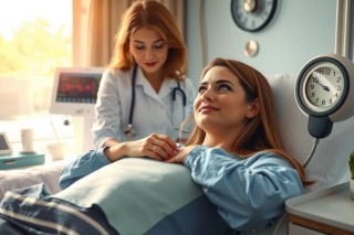 This image depicts a medical setting with two women. One woman is lying on an examination bed and the other is a doctor, presumably performing a routine checkup. The setting evokes a clean, well-lit healthcare facility with modern equipment.