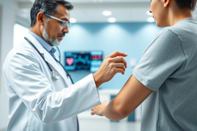 Doctor examining a young boy in a modern medical clinic. The scene features a healthcare professional in a white coat and glasses, conducting a physical assessment. Cool blue and white tones dominate the environment, suggesting a clean and professional setting. Focus on patient care and medical examination.