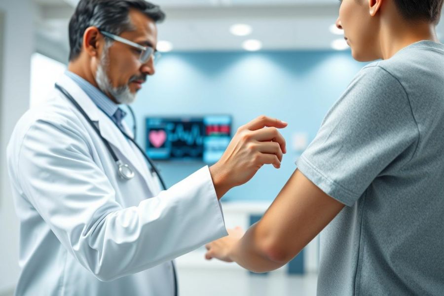 Doctor examining a young boy in a modern medical clinic. The scene features a healthcare professional in a white coat and glasses, conducting a physical assessment. Cool blue and white tones dominate the environment, suggesting a clean and professional setting. Focus on patient care and medical examination.