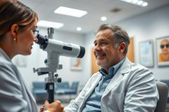 An optometrist examines a patient's eyes in a bright, modern clinic. The scene features a man seated comfortably while the doctor uses an ophthalmic instrument. The image conveys healthcare, eye care, and professional medical examination in a clean, white and blue environment.