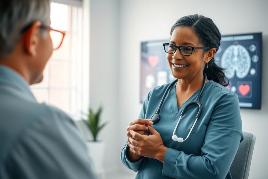 Doctor consults with patient in a bright, modern clinic. The healthcare professional, wearing a blue scrubs and stethoscope, smiles warmly during the discussion. Medical imagery is visible on the wall in the background, suggesting diagnostics and care.