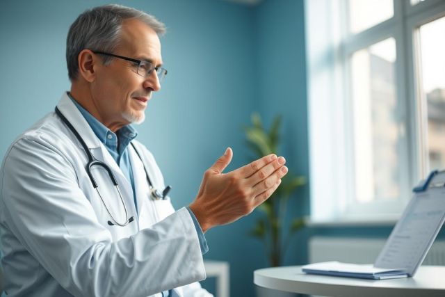 Mature male doctor in a white coat and glasses, gesturing during a consultation. The scene takes place in a modern medical office with blue walls and natural light from a window. Focus on healthcare, medical professional, and patient communication.