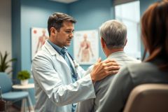 Doctor in a clinic examining an elderly patient. The scene features a medical professional in a white coat, stethoscope present, interacting with a patient and their family. Blue walls and anatomical charts create a healthcare environment. Focus on patient care and medical consultation.
