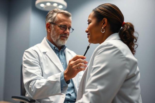 Doctor examines patient during consultation. A male doctor in a white coat assesses a female patient in a medical office setting. The image features professional healthcare, medical examination, and patient care with a focus on a close-up interaction. Cool blue tones and a clean environment highlight the clinical setting.