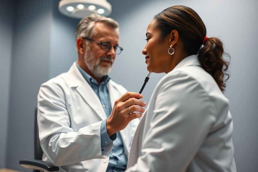 Doctor examines patient during consultation. A male doctor in a white coat assesses a female patient in a medical office setting. The image features professional healthcare, medical examination, and patient care with a focus on a close-up interaction. Cool blue tones and a clean environment highlight the clinical setting.