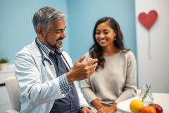 Doctor consulting with a patient in a bright, modern clinic. The scene shows a male doctor explaining medication to a smiling woman. Blue walls, fruit, and a red heart balloon create a welcoming, healthcare environment. Medical consultation, doctor patient relationship, healthcare.