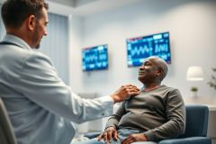 Doctor comforting an elderly Black man during a medical consultation. Healthcare setting with monitors displaying heart rhythms. Warm, reassuring scene emphasizing patient care and wellness. Blue and gray tones create a calm atmosphere.