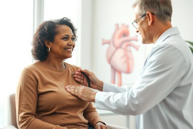 Doctor examining a patient with a stethoscope in a bright, modern clinic. The scene features a smiling woman and a male doctor, with a heart diagram visible in the background. Healthcare, medical checkup, and patient care are key themes.