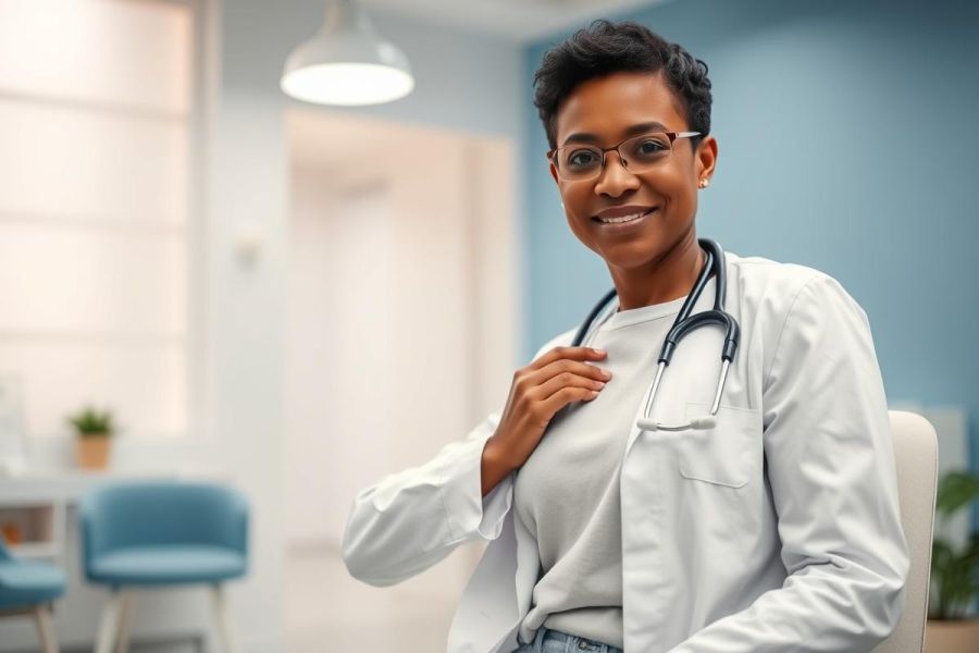 Smiling female doctor wearing a white coat and stethoscope in a modern clinic setting. She's looking at the camera with a friendly expression, surrounded by blue and white decor. Healthcare professional, medical portrait, doctor's office.