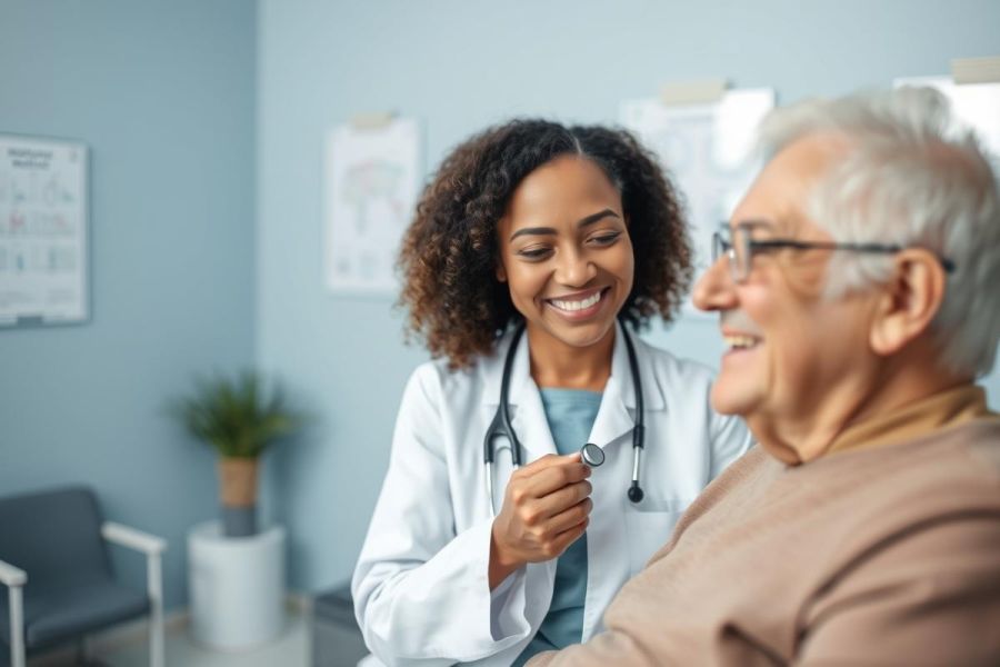 Friendly doctor consults with a senior patient in a bright, modern healthcare setting. The image features a smiling African American female doctor and an elderly man, conveying a positive and reassuring medical experience. Blue walls and a potted plant create a calming environment. Healthcare, doctor patient relationship, senior care.