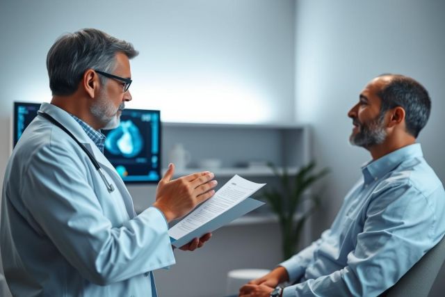 Doctor discussing medical results with a patient in a modern clinic. The image shows a healthcare professional in a white coat reviewing paperwork while a man listens attentively. Clinical setting with medical scans visible in the background. Focus on healthcare consultation and patient care.