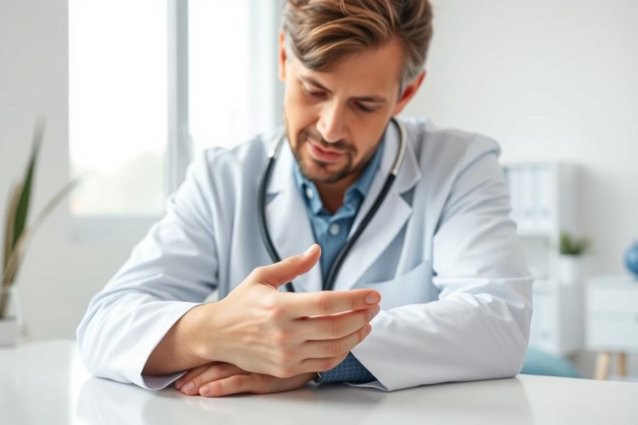 A thoughtful male doctor in a white coat and stethoscope examines rings at a desk in a bright, modern office. The image conveys healthcare, consultation, and a professional medical setting. Focus is on the doctor's hands and expression.