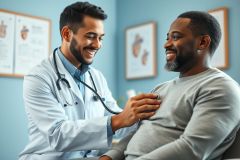 Doctor examining patient during medical checkup. Smiling healthcare professional uses stethoscope in a blue clinic setting. Image depicts preventative care, health and wellness, and a positive doctor-patient relationship. Diverse representation.