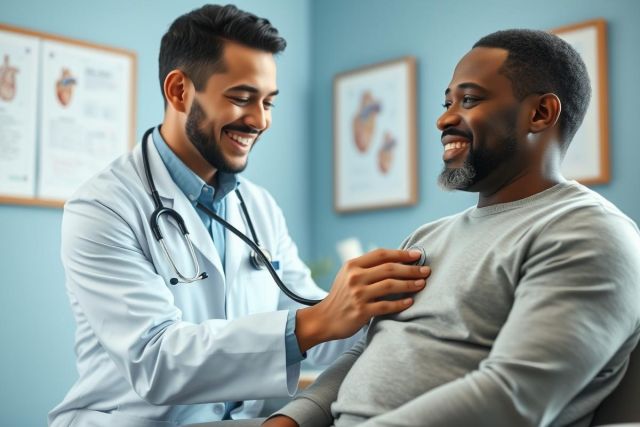 Doctor examining patient during medical checkup. Smiling healthcare professional uses stethoscope in a blue clinic setting. Image depicts preventative care, health and wellness, and a positive doctor-patient relationship. Diverse representation.