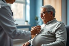 A healthcare professional examines an elderly man in a bright, modern medical office. The scene depicts a doctor's visit with a focus on patient care and senior health. Warm lighting highlights the man's gray hair and glasses, while the doctor wears a white coat. Blue and white tones dominate the room's decor.