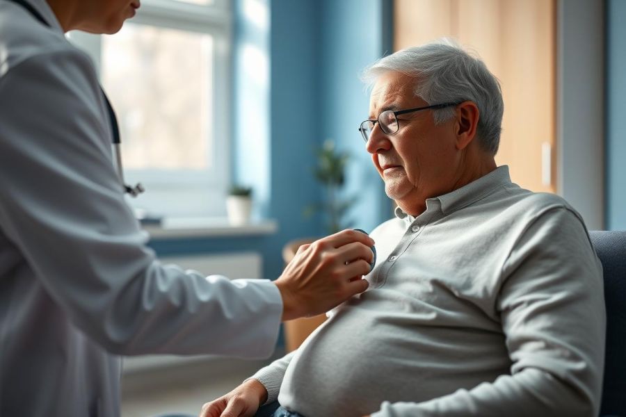 A healthcare professional examines an elderly man in a bright, modern medical office. The scene depicts a doctor's visit with a focus on patient care and senior health. Warm lighting highlights the man's gray hair and glasses, while the doctor wears a white coat. Blue and white tones dominate the room's decor.
