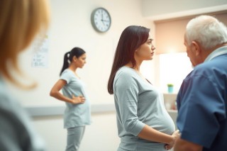A woman pregnant in a hospital room, surrounded by medical professionals who are attentively watching her, indicating they may be monitoring her health.
