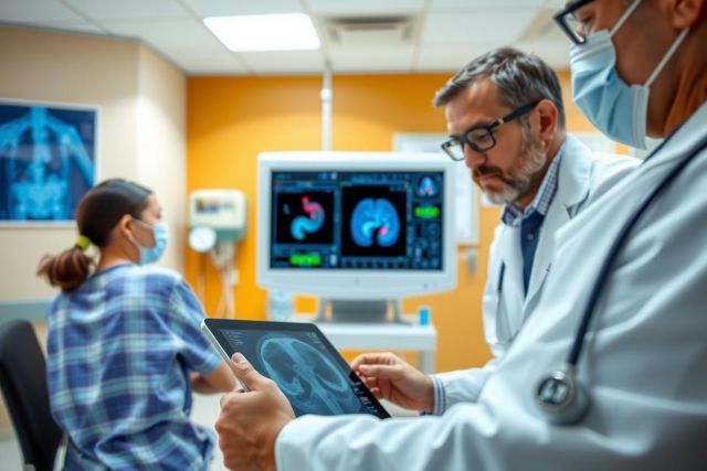 The image shows a medical setting with two individuals, likely doctors or nurses. They are examining patient images on electronic tablets and monitors.
