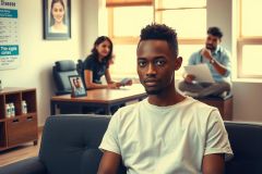 The image features a young man seated in a modern office setting. He appears to be engaged in conversation, looking directly at the camera with a focused expression.