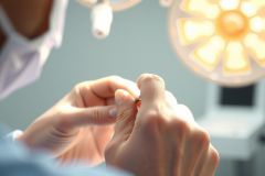 Close-up of hands performing a delicate procedure under surgical lights. Focus on precision and medical expertise. Sterile environment, bright lighting.
