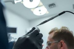 Close-up of a dentist using a dental tool on a patient.  Gloves, bright lights, and a focus on precision characterize the dental procedure in a clinical setting.