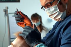A medical professional in scrubs and a mask performs a procedure on a patient. The scene takes place in a clinical setting, with attention to detail and precision.
