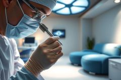 Surgeon holding a surgical instrument, wearing a mask and gloves, in an operating room setting. Focus on precision and medical procedures. Blue and white color scheme.