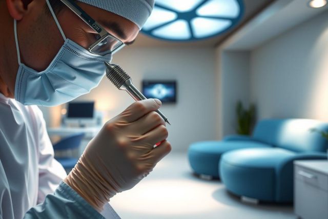 Surgeon holding a surgical instrument, wearing a mask and gloves, in an operating room setting. Focus on precision and medical procedures. Blue and white color scheme.