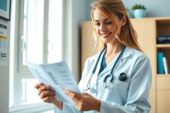 A female doctor in a blue coat and stethoscope examines a document near a window in a brightly lit office. Healthcare professional reviewing patient records, medical office setting.