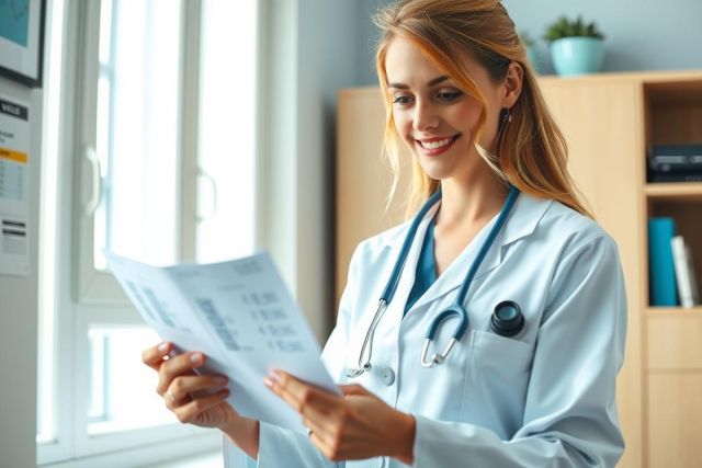 A female doctor in a blue coat and stethoscope examines a document near a window in a brightly lit office. Healthcare professional reviewing patient records, medical office setting.