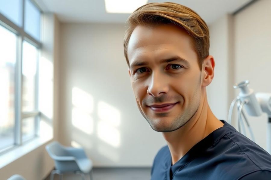 Friendly male doctor in scrubs smiles in a modern medical office. The setting suggests a healthcare professional, likely a dentist or physician, in a clean, bright environment. The image conveys professionalism and care.
