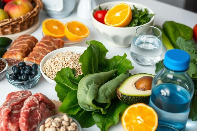 A variety of fresh foods on a table, including fruits like apples and oranges, vegetables such as lettuce and broccoli, a bowl of cereal, yogurt, nuts, seeds, a glass of water. The arrangement suggests healthy eating options.