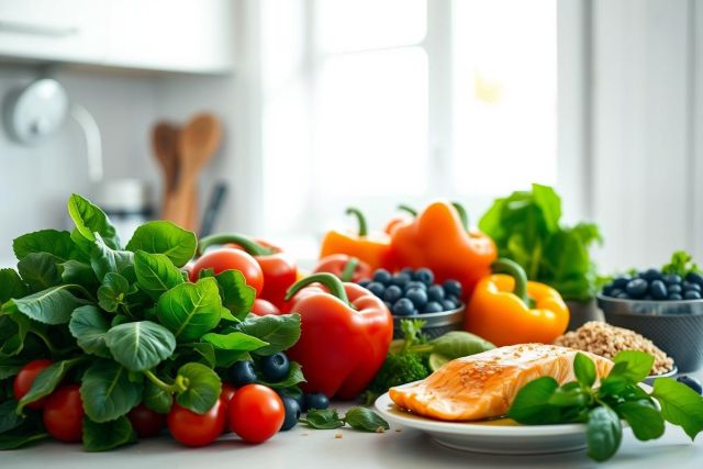 Healthy food arrangement in a bright kitchen. Includes fresh salmon, colorful bell peppers (red, orange, yellow), blueberries, leafy greens, tomatoes, and quinoa. Focus on nutritious ingredients for a balanced diet, vibrant colors, and clean, modern aesthetic.