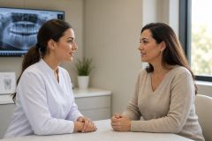 Dentist consulting a patient in a clean dental office with dental X‑ray visible.