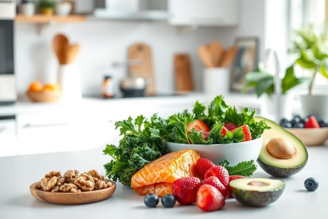 Healthy breakfast bowl with kale, salmon, strawberries, blueberries, avocado, and walnuts on a kitchen counter. Bright, modern kitchen setting with natural light. Focus on fresh, nutritious ingredients for a balanced meal. Healthy eating, food photography, wellness.