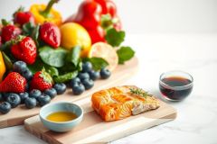 Grilled salmon on a wooden board with berries, citrus, and herbs. Close-up shot highlighting the fish's texture and vibrant colors against a bright, natural background.