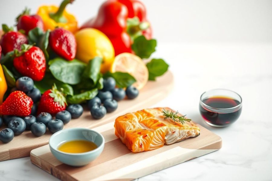 Grilled salmon on a wooden board with berries, citrus, and herbs. Close-up shot highlighting the fish's texture and vibrant colors against a bright, natural background.
