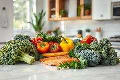 Healthy food arrangement featuring fresh broccoli, colorful bell peppers (red, yellow, orange), and salmon on a kitchen counter. Vibrant green and orange hues dominate, showcasing a nutritious meal prep or healthy eating concept in a bright, modern kitchen setting.