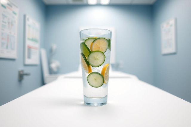 Refreshing infused water with cucumber and lemon slices in a tall glass. Clean, bright blue background suggests a spa or wellness setting. Healthy hydration, detox water, and healthy lifestyle concepts.