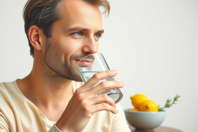 A man sitting at a table with a glass of water and sliced fruit, likely lemon. He is looking upward or to the left, possibly posing for the photo. The setting appears to be an indoor space with neutral tones, emphasizing the simplicity and focus on the subject's action.