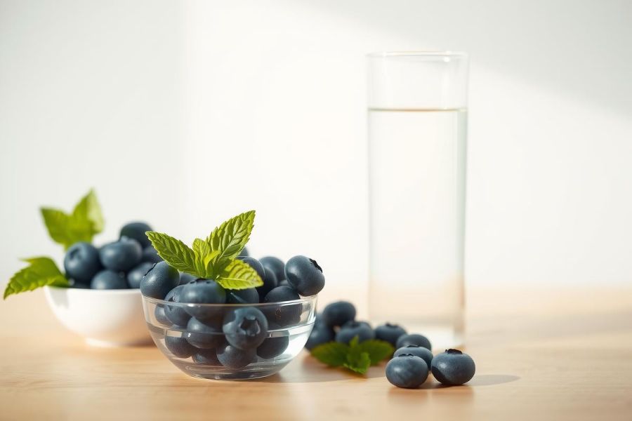 Fresh blueberries in a glass bowl on a wooden surface, garnished with mint leaves. A glass of water is nearby. Vibrant blue and green colors with a natural, healthy food theme.