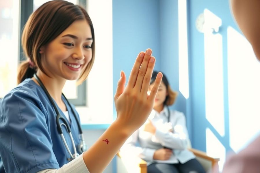 Healthcare professional in scrubs gives a high five. Medical setting, likely a clinic or hospital. Blue scrubs, white coat visible. Positive interaction, professional environment.