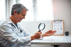 Doctor examining hands with a magnifying glass, likely performing a medical assessment.  Healthcare professional in a clinical setting. White coat, focused expression, diagnostic procedure.