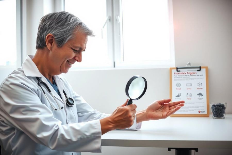 Doctor examining hands with a magnifying glass, likely performing a medical assessment. Healthcare professional in a clinical setting. White coat, focused expression, diagnostic procedure.