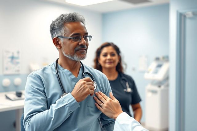 Healthcare professionals in a modern clinic. A doctor with a stethoscope examines a patient, with a nurse in the background. Blue and white color scheme creates a clean, professional medical environment. Focus on patient care and medical examination.