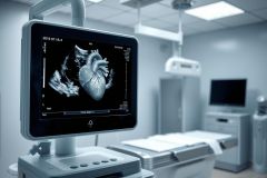 Medical ultrasound equipment displaying a heart scan in a modern hospital setting. The image features grayscale tones and diagnostic technology, ideal for healthcare, cardiology, and medical imaging related searches.
