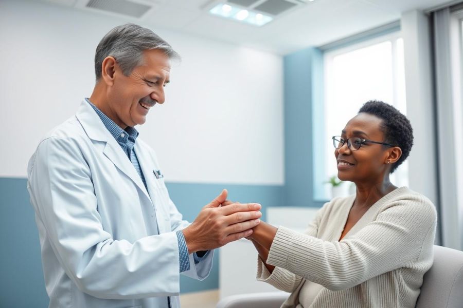 A caring doctor in a white coat comforts a patient in a bright, modern medical office. The image features a supportive interaction between a male physician and a female patient, emphasizing healthcare, empathy, and patient care in a clinical setting. Blue and white tones dominate the scene.