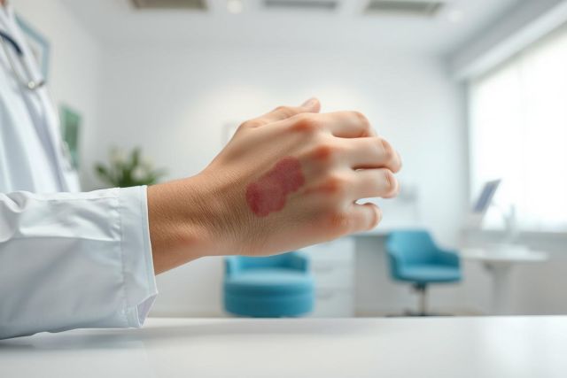 Close-up of a doctor in a white coat examining a patient's hand with a visible skin rash. The scene takes place in a modern, bright medical office with blue accents. Focus on skin condition, dermatology, and healthcare setting. 