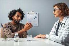 Doctor consults with a patient in a modern medical office. A Black man discusses his health concerns with a female doctor wearing a white coat and stethoscope. 