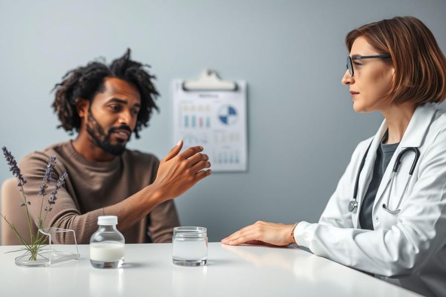 Doctor consults with a patient in a modern medical office. A Black man discusses his health concerns with a female doctor wearing a white coat and stethoscope.